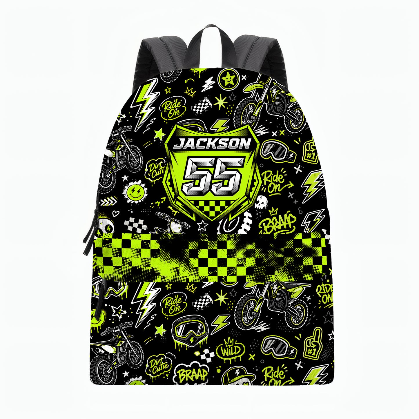 Personalized Team Green Dirt Bike Backpack – Custom Name & Race Number