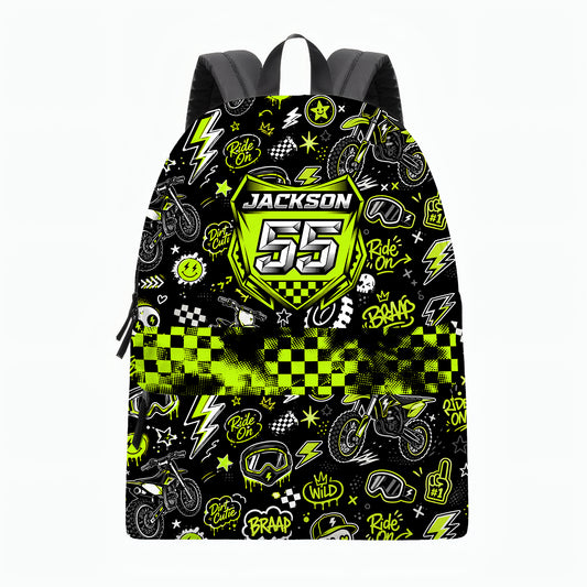 Personalized Team Green Dirt Bike Backpack – Custom Name & Race Number