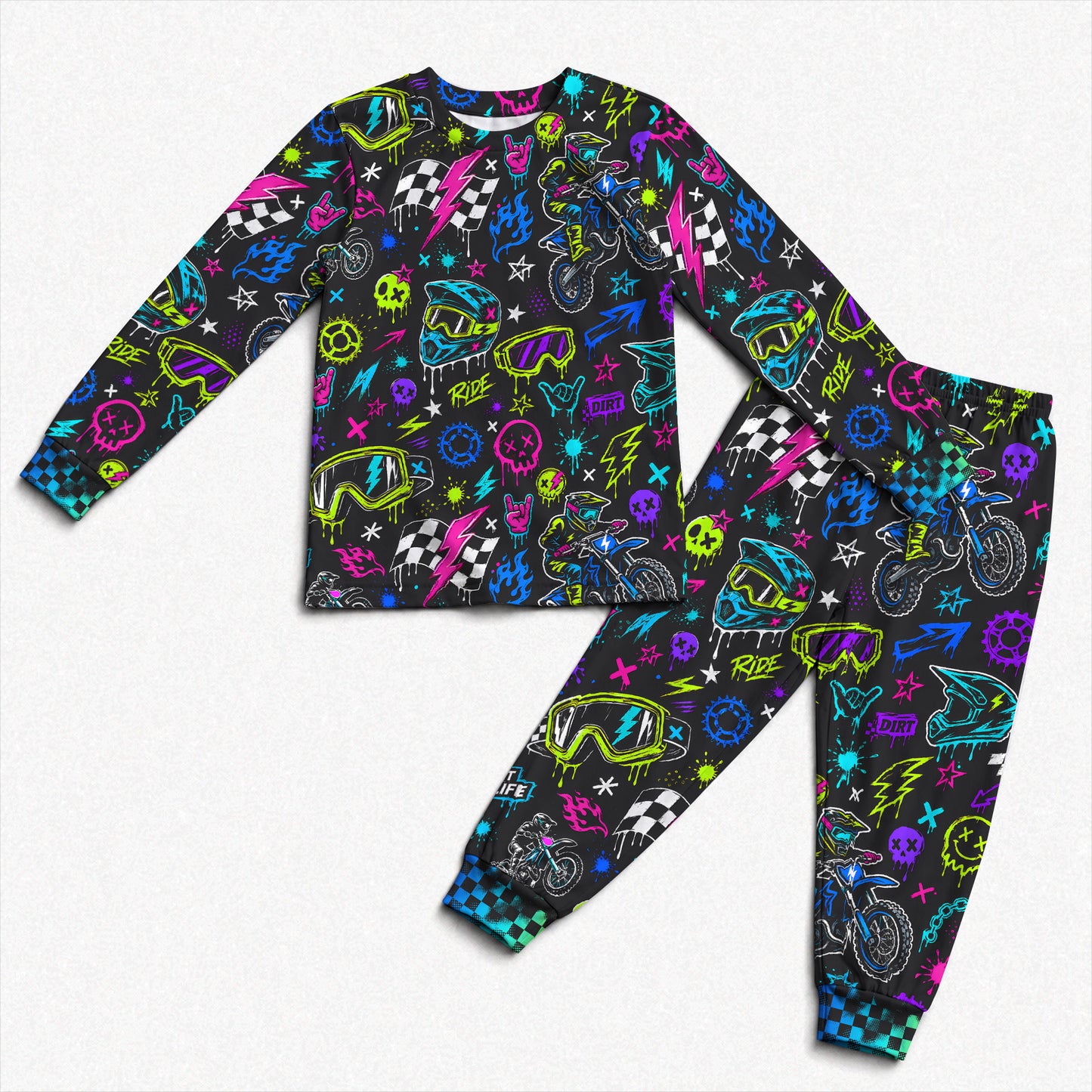 Personalized Team Neon Dirt Bike Pajamas – Custom Name Kids Motocross Pajama Set