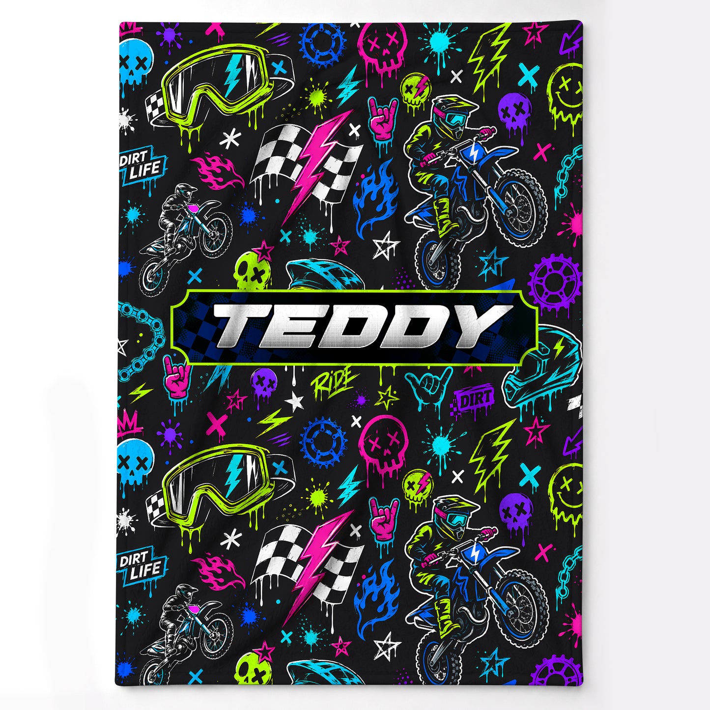Personalized Graphic Motocross Blanket for Kids, Custom Name & Race Number Dirt Bike Blanket, Motocross Racing Gift for Boys