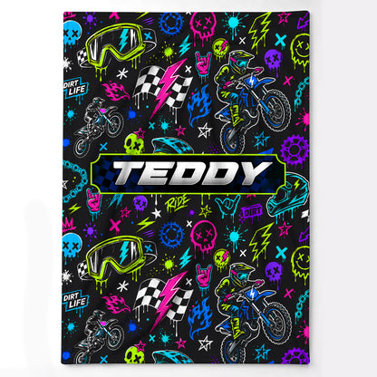 Personalized Graphic Motocross Blanket for Kids, Custom Name & Race Number Dirt Bike Blanket, Motocross Racing Gift for Boys