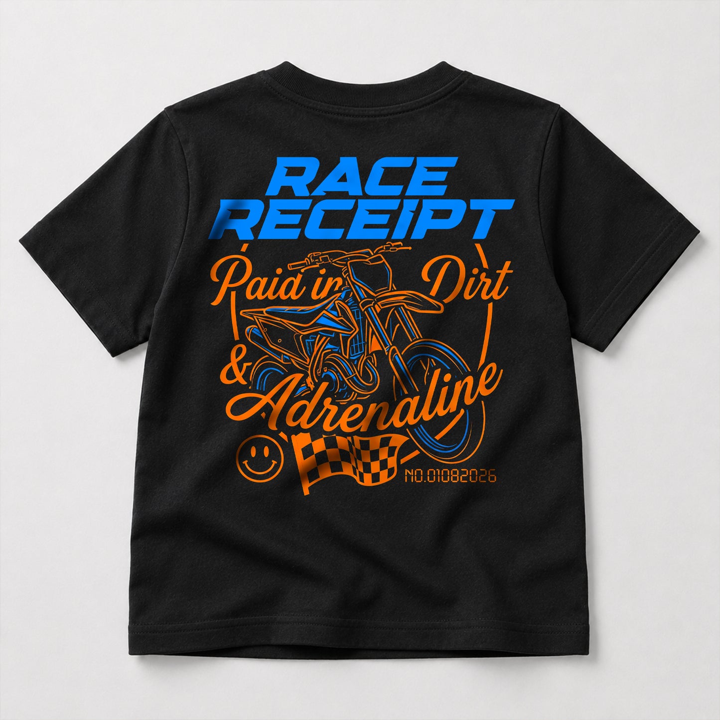 Race Receipt kids dirt bike graphic t-shirt front view