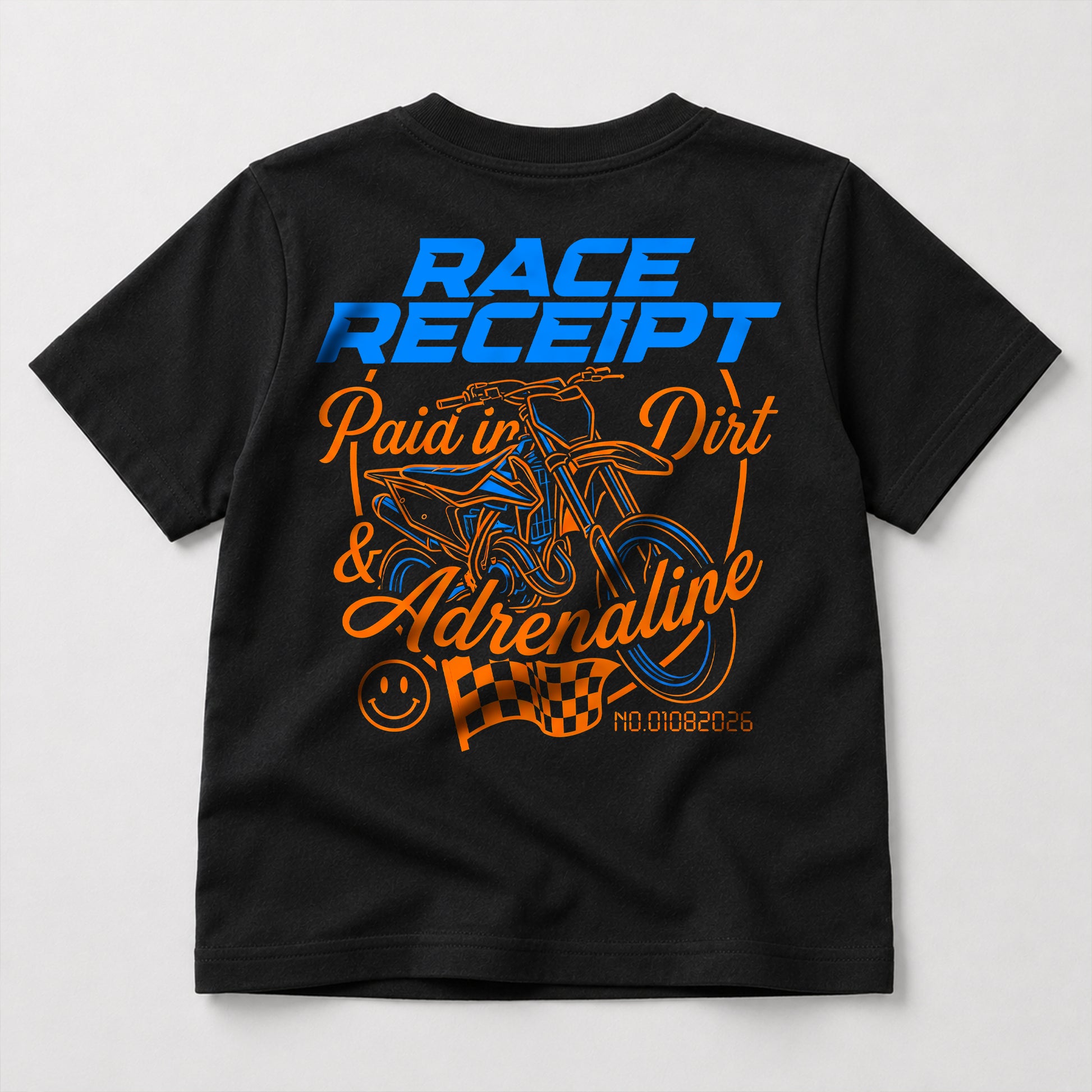 Race Receipt kids dirt bike graphic t-shirt front view
