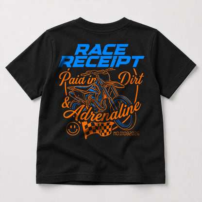 Race Receipt kids dirt bike graphic t-shirt front view