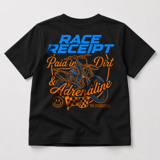 Race Receipt kids dirt bike graphic t-shirt front view