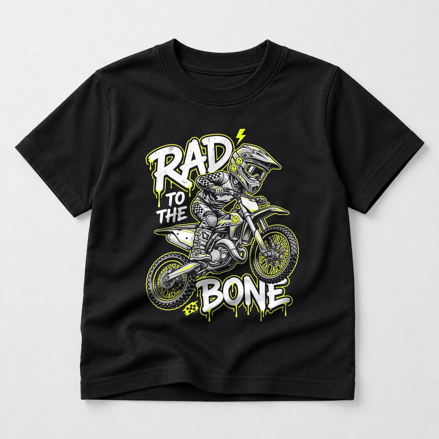 Kids dirt bike Rad to the Bone graphic t-shirt front view