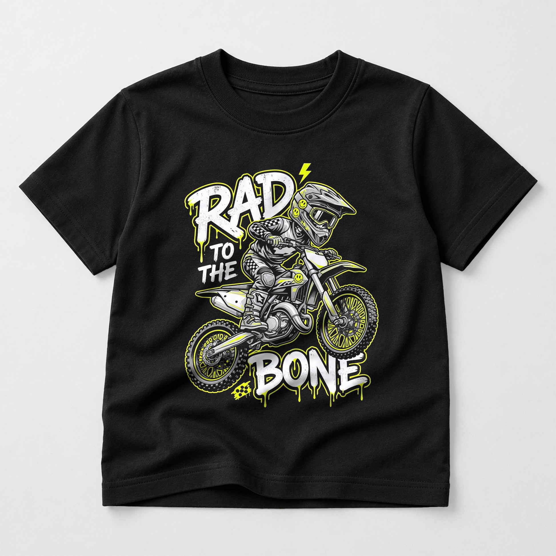 Kids dirt bike Rad to the Bone graphic t-shirt front view