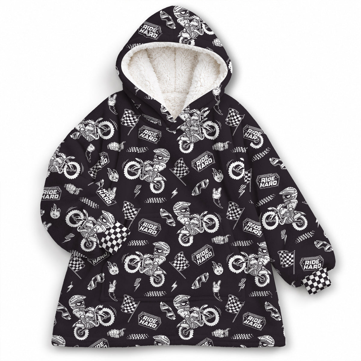 Dirt Bike Ride Hard Black and White Graphic Kids Snug Hoodie-Fleece