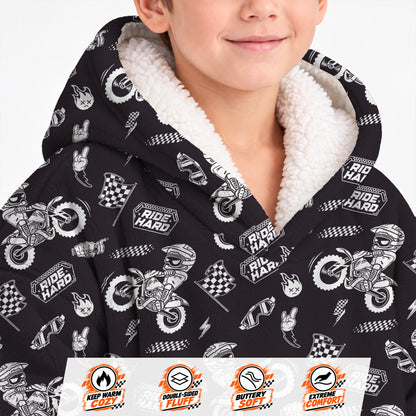 Dirt Bike Ride Hard Black and White Graphic Kids Snug Hoodie-Fleece