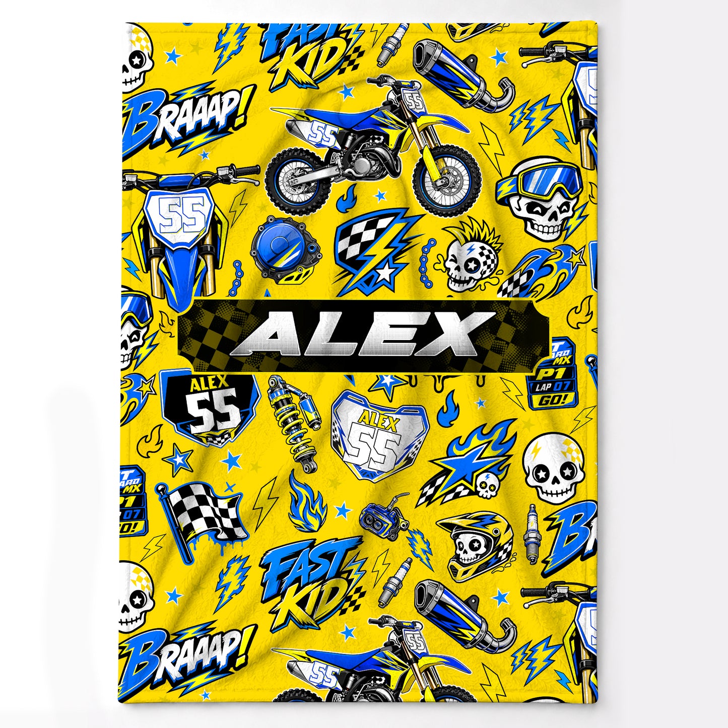 Personalized Graphic Motocross Blanket for Kids, Custom Name & Race Number Dirt Bike Blanket, Motocross Racing Gift for Boys