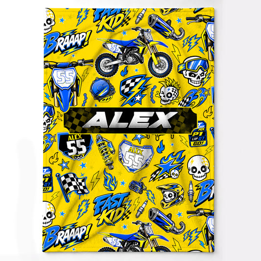 Personalized Graphic Motocross Blanket for Kids, Custom Name & Race Number Dirt Bike Blanket, Motocross Racing Gift for Boys