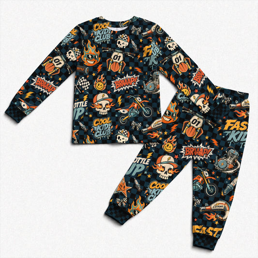 Personalized Vintage Dirt Bike Pajamas – Custom Name Kids Motocross Pajama Set