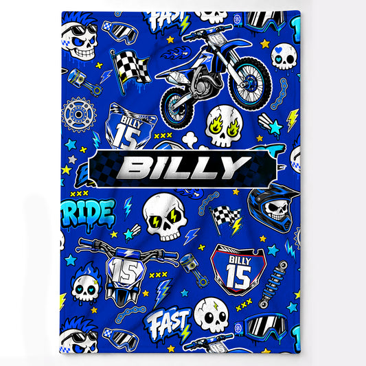 Personalized Graphic Motocross Blanket for Kids, Custom Name & Race Number Dirt Bike Blanket, Motocross Racing Gift for Boys