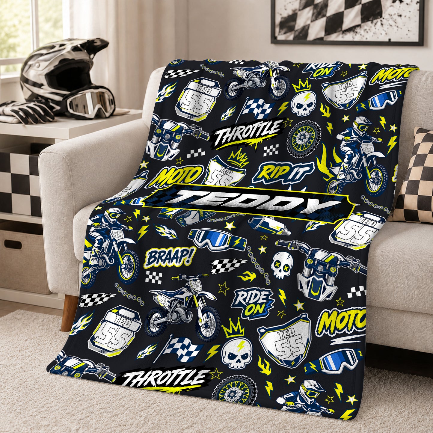 Personalized Graphic Motocross Blanket for Kids, Custom Name & Race Number Dirt Bike Blanket, Motocross Racing Gift for Boys