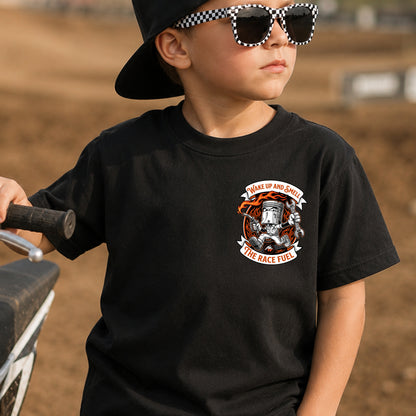 Kid wearing the Wake Up, Smell the Race Fuel dirt bike t-shirt