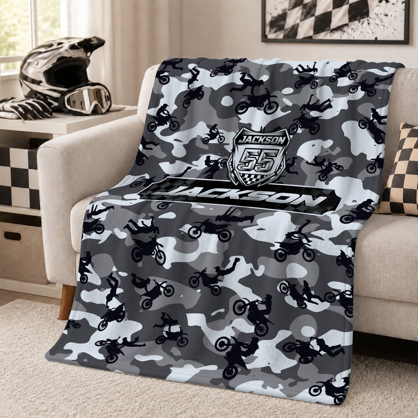 Personalized Camo Graphic Motocross Blanket for Kids, Custom Name & Race Number Dirt Bike Blanket, Motocross Racing Gift for Boys