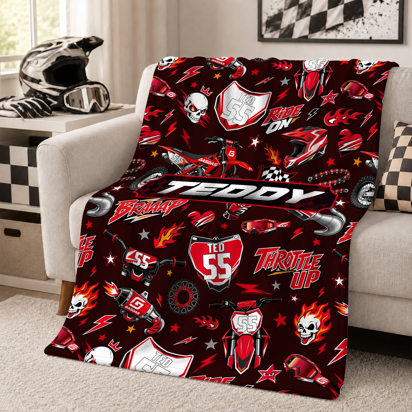 Personalized Graphic Motocross Blanket for Kids, Custom Name & Race Number Dirt Bike Blanket, Motocross Racing Gift for Boys