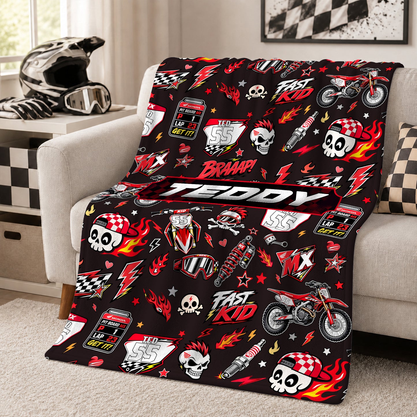 Personalized Graphic Motocross Blanket for Kids, Custom Name & Race Number Dirt Bike Blanket, Motocross Racing Gift for Boys