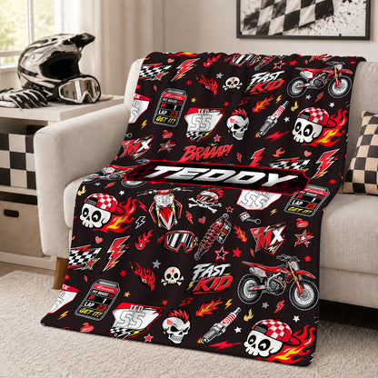Personalized Graphic Motocross Blanket for Kids, Custom Name & Race Number Dirt Bike Blanket, Motocross Racing Gift for Boys