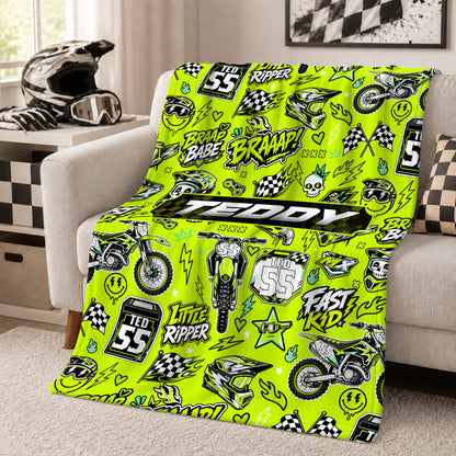 Personalized Graphic Motocross Blanket for Kids, Custom Name & Race Number Dirt Bike Blanket, Motocross Racing Gift for Boys