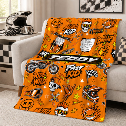 Personalized Graphic Motocross Blanket for Kids, Custom Name & Race Number Dirt Bike Blanket, Motocross Racing Gift for Boys