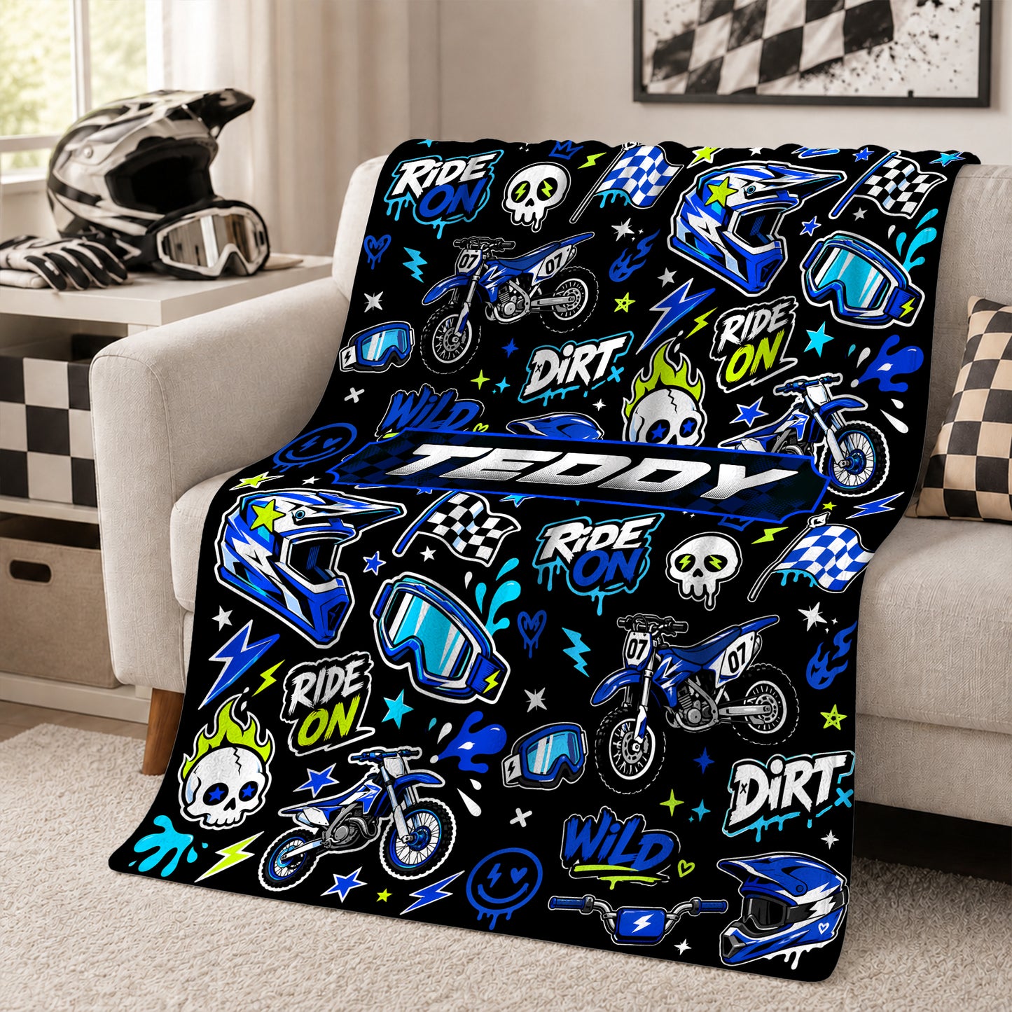 Personalized Graphic Motocross Blanket for Kids, Custom Name & Race Number Dirt Bike Blanket, Motocross Racing Gift for Boys