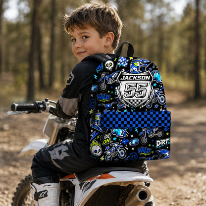 Personalized Team Blue Dirt Bike Backpack – Custom Name & Race Number