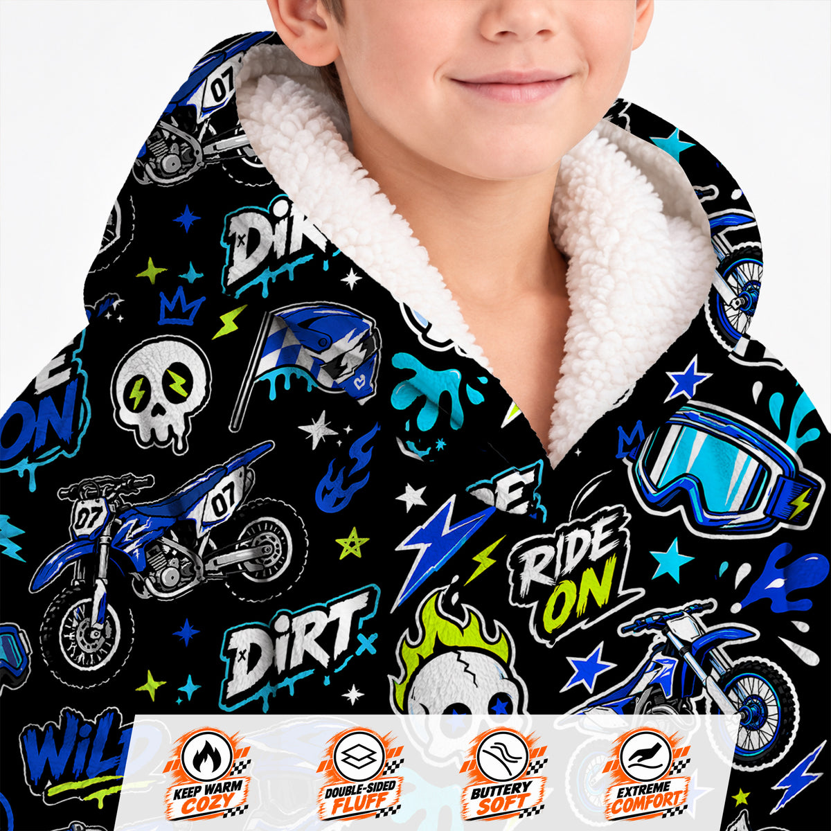Team Blue Dirt Bike Kids Snug Hoodie-Fleece