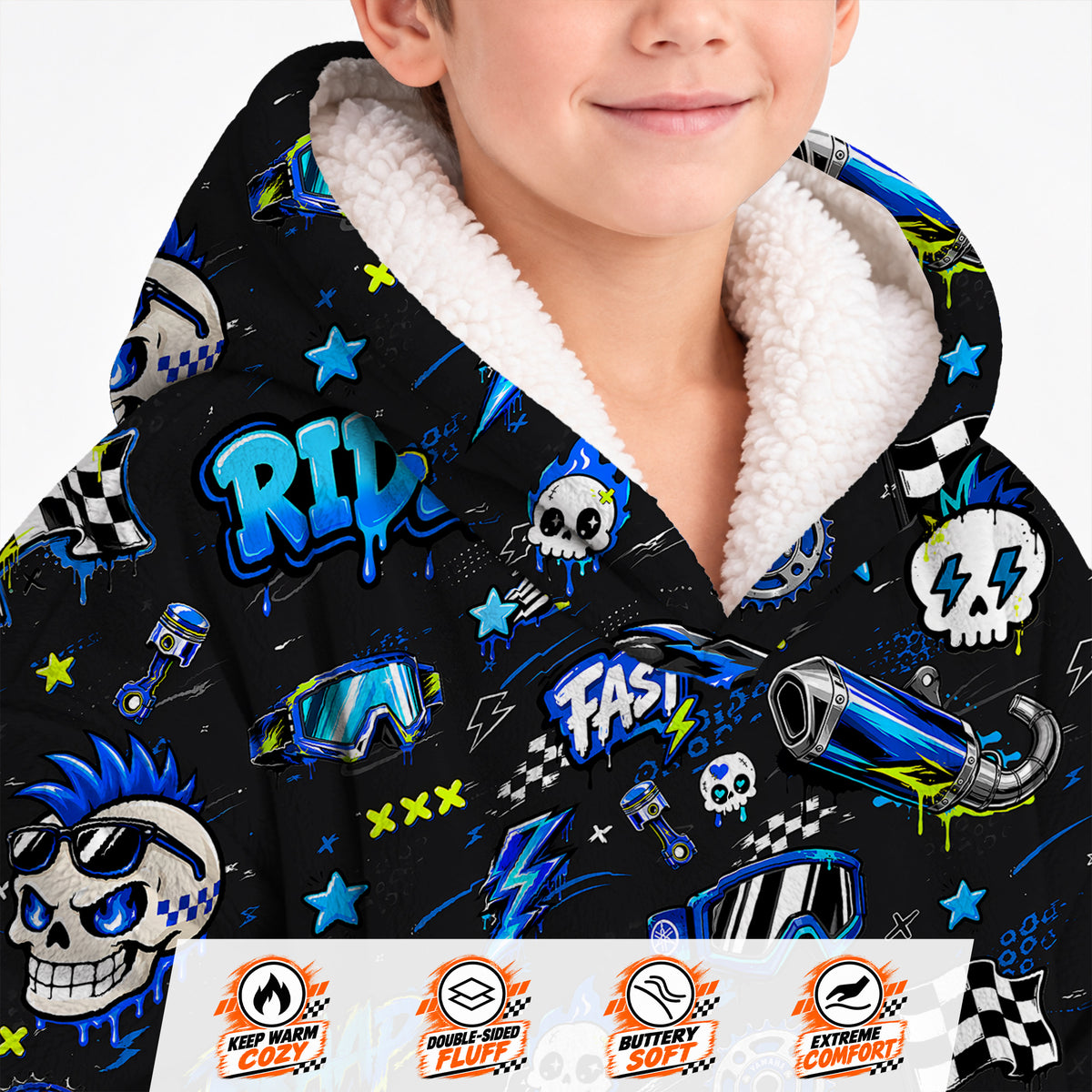 Team Blue Dirt Bike Kids Snug Hoodie-Fleece