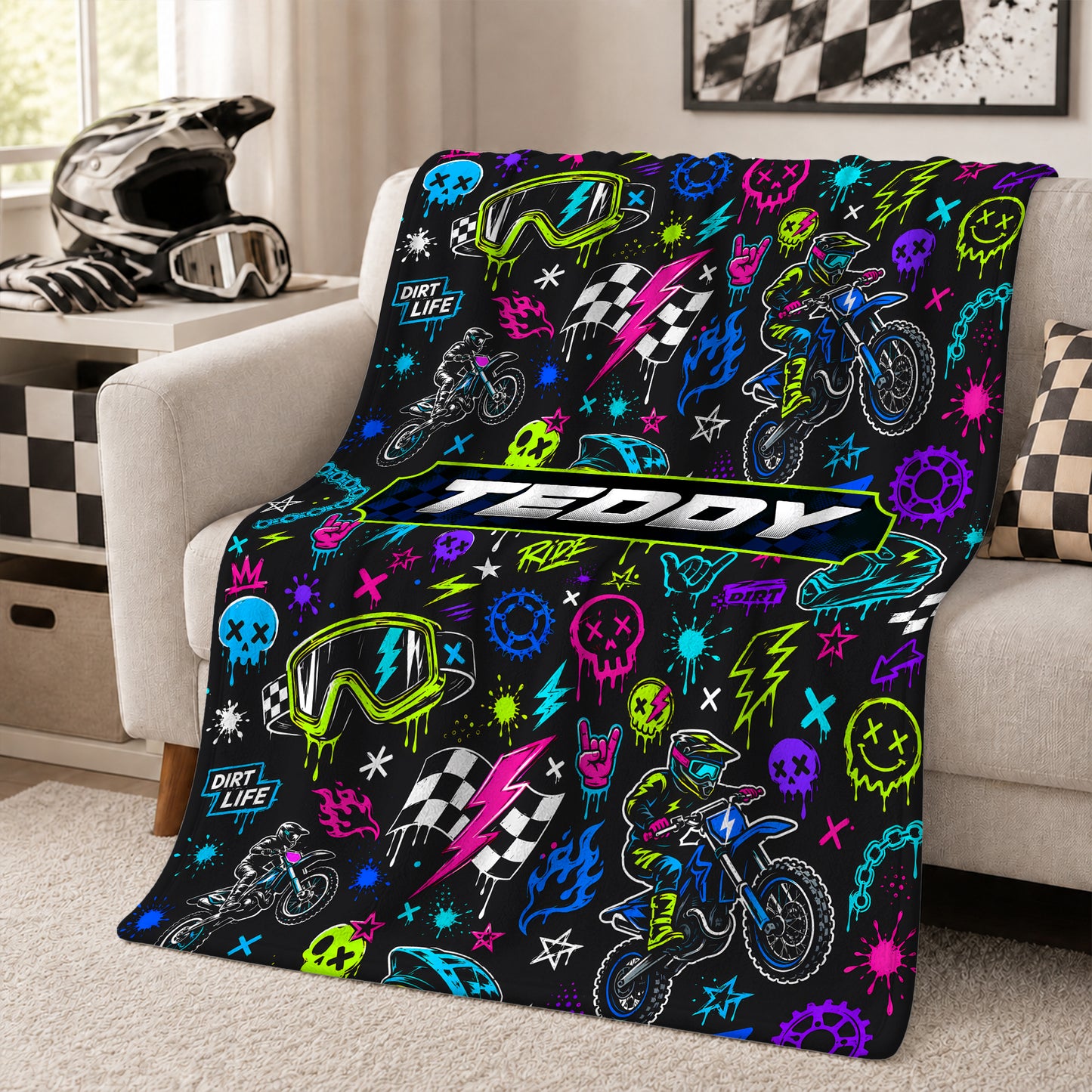 Personalized Graphic Motocross Blanket for Kids, Custom Name & Race Number Dirt Bike Blanket, Motocross Racing Gift for Boys
