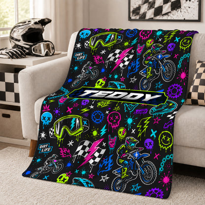 Personalized Graphic Motocross Blanket for Kids, Custom Name & Race Number Dirt Bike Blanket, Motocross Racing Gift for Boys