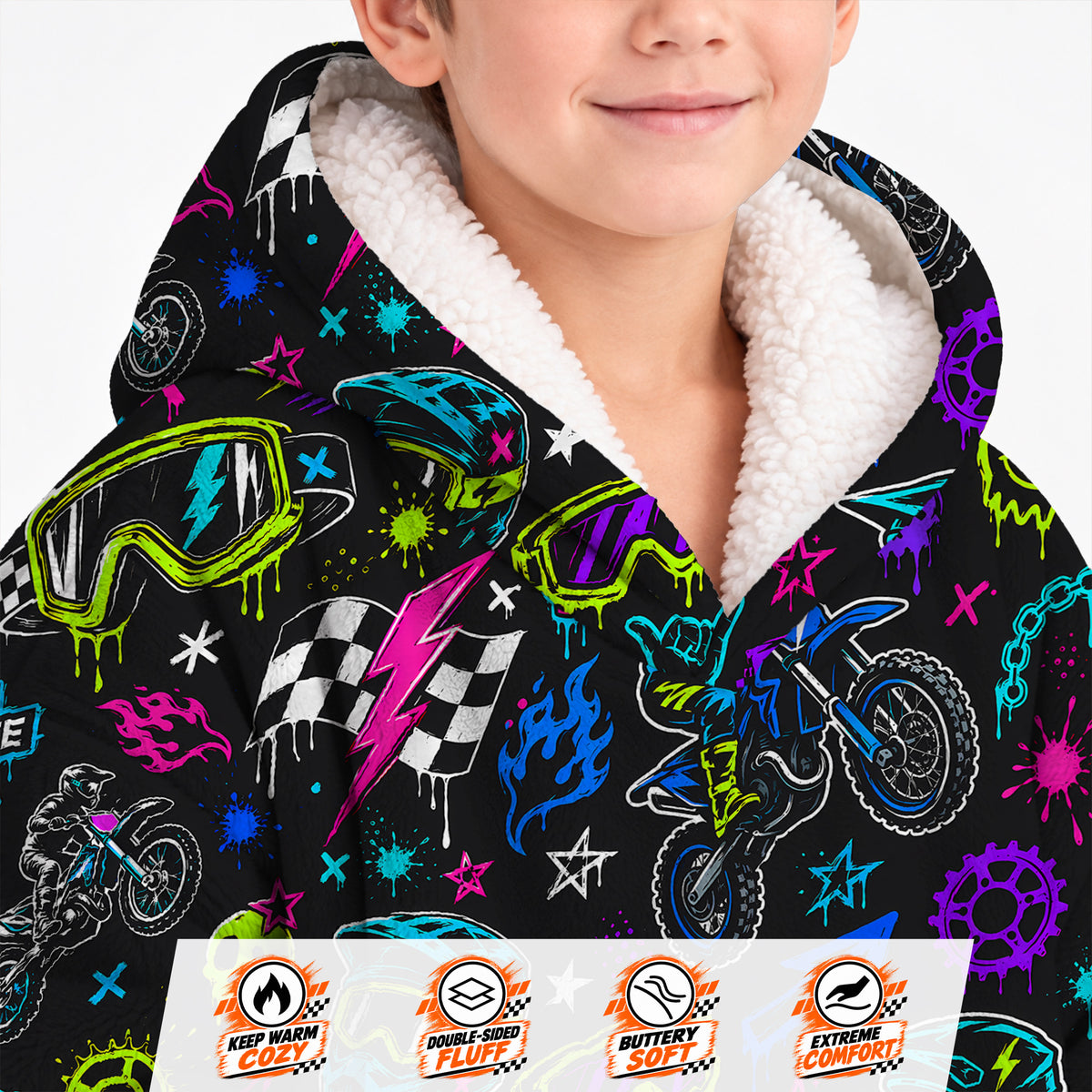 Neon Dirt Bike Kids Snug Hoodie-Fleece