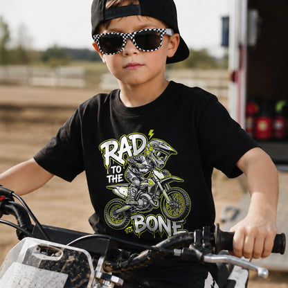 Toddler wearing the Rad to the Bone dirt bike t-shirt