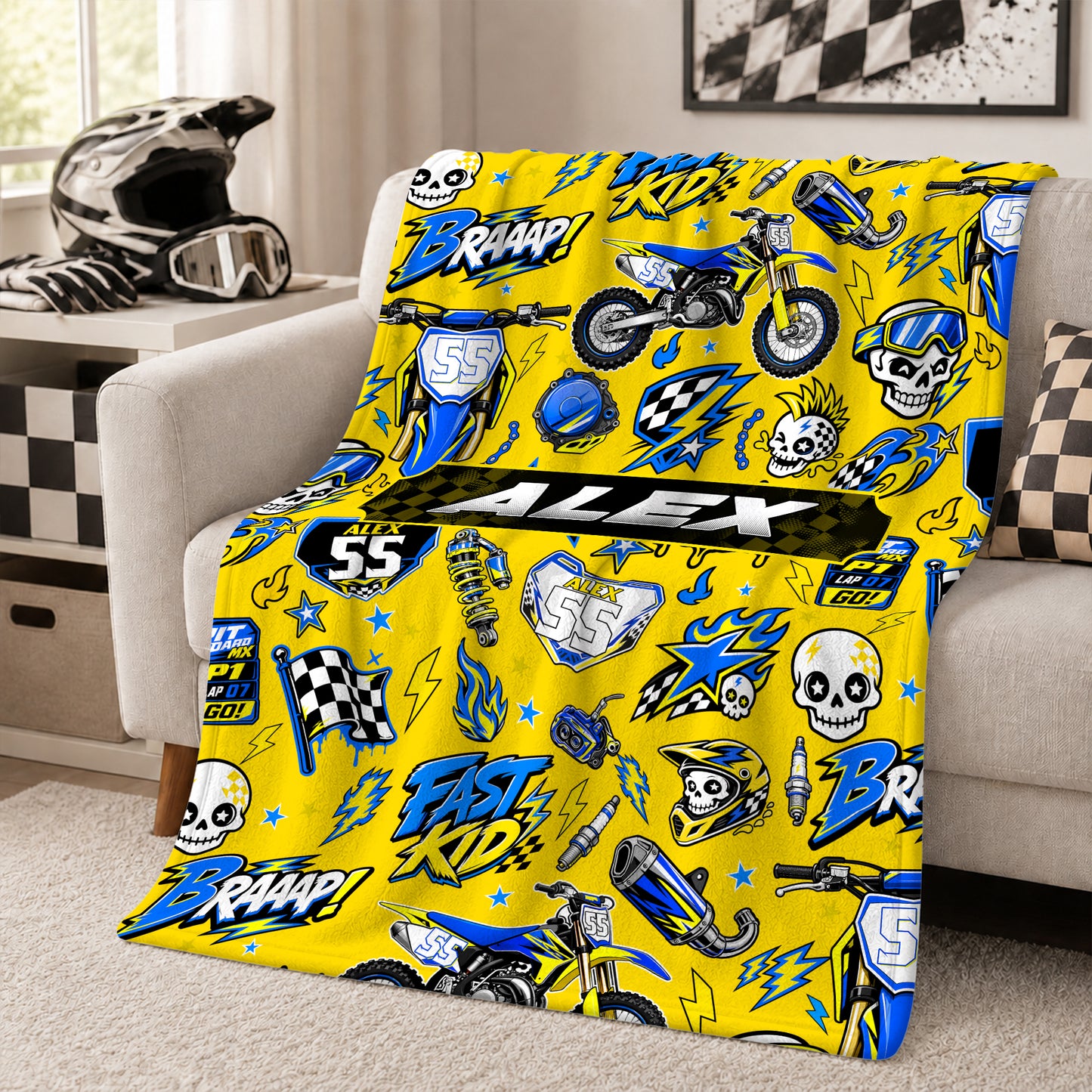 Personalized Graphic Motocross Blanket for Kids, Custom Name & Race Number Dirt Bike Blanket, Motocross Racing Gift for Boys