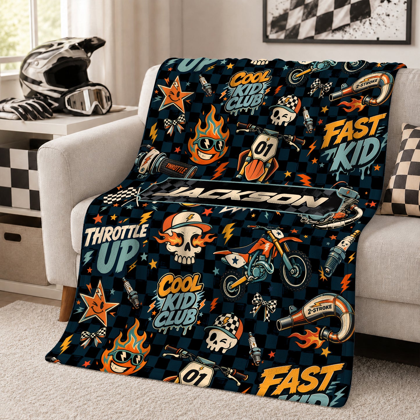 Personalized Graphic Motocross Blanket for Kids, Custom Name & Race Number Dirt Bike Blanket, Motocross Racing Gift for Boys