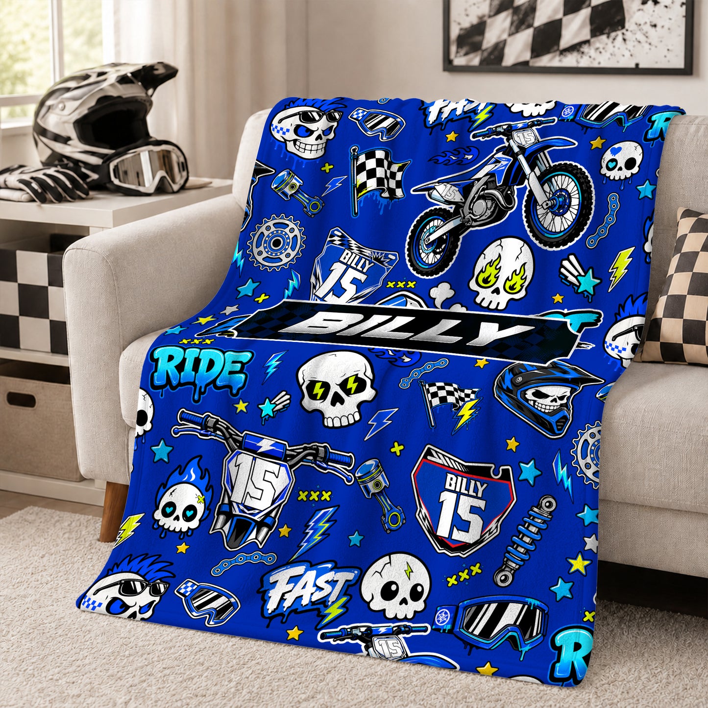 Personalized Graphic Motocross Blanket for Kids, Custom Name & Race Number Dirt Bike Blanket, Motocross Racing Gift for Boys
