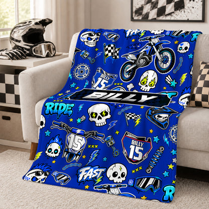Personalized Graphic Motocross Blanket for Kids, Custom Name & Race Number Dirt Bike Blanket, Motocross Racing Gift for Boys