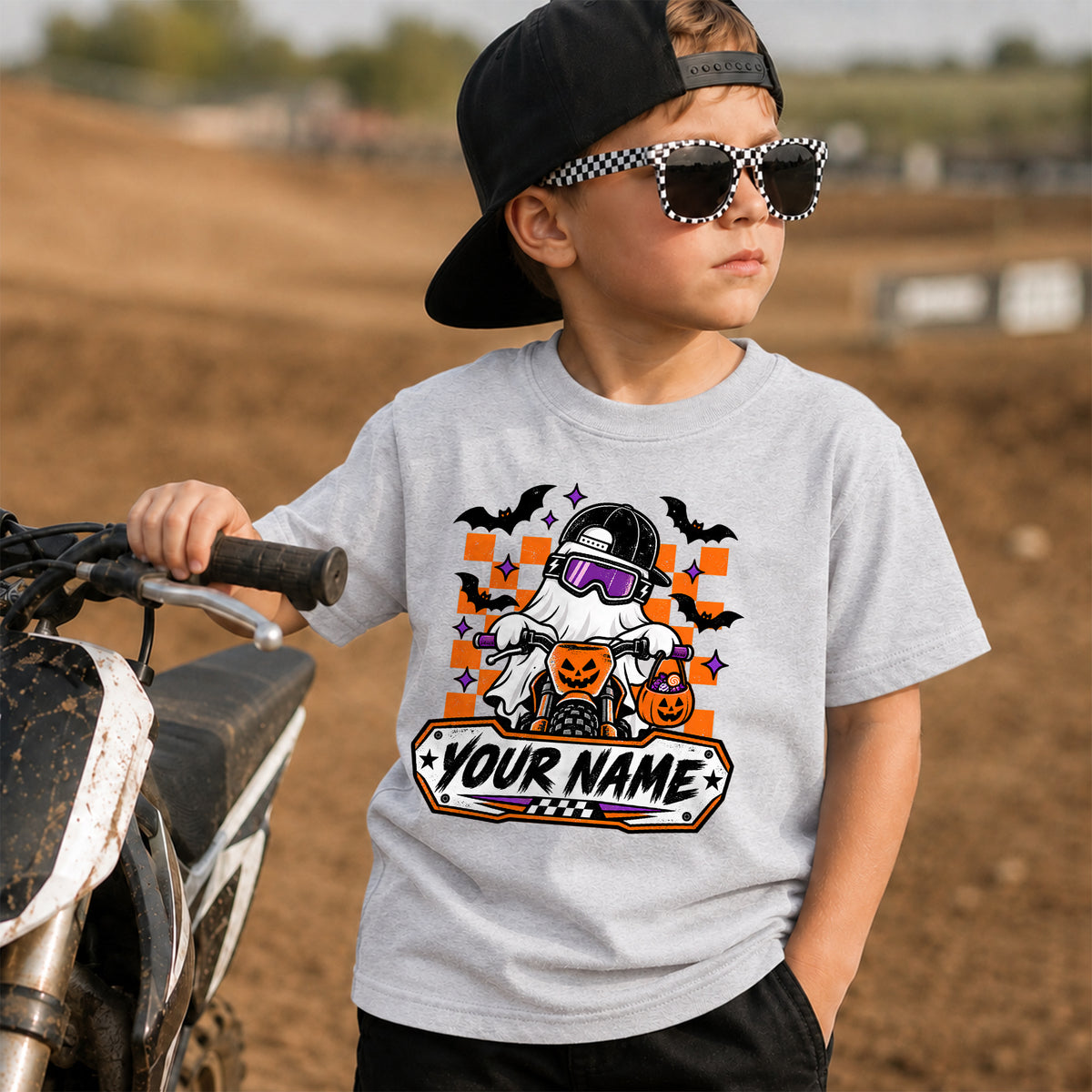 Kids Dirt Bike Ghost Rider Name Graphic Halloween T-Shirt