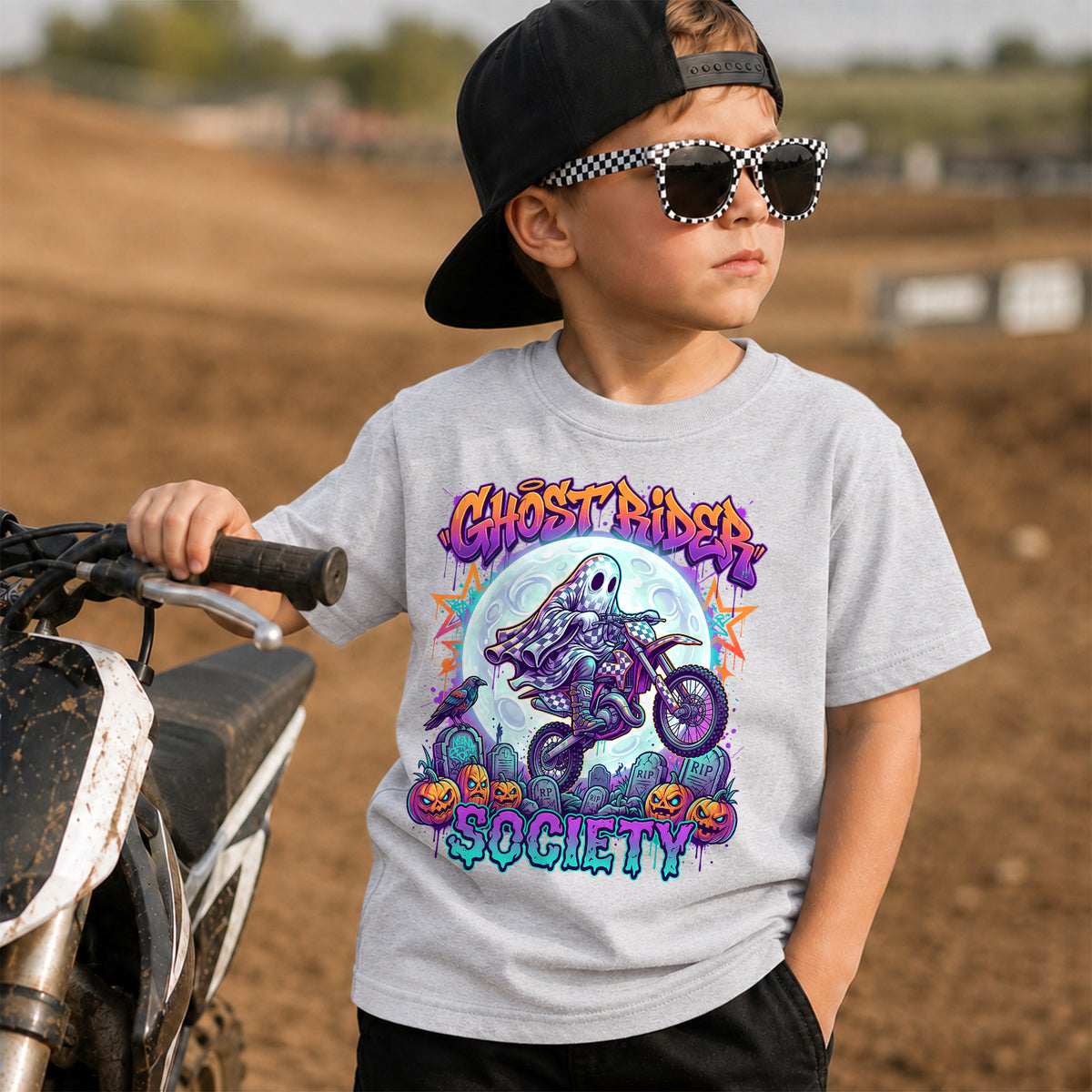 Kids Dirt Bike Ghost Rider Society Neon Graphic Halloween T-Shirt