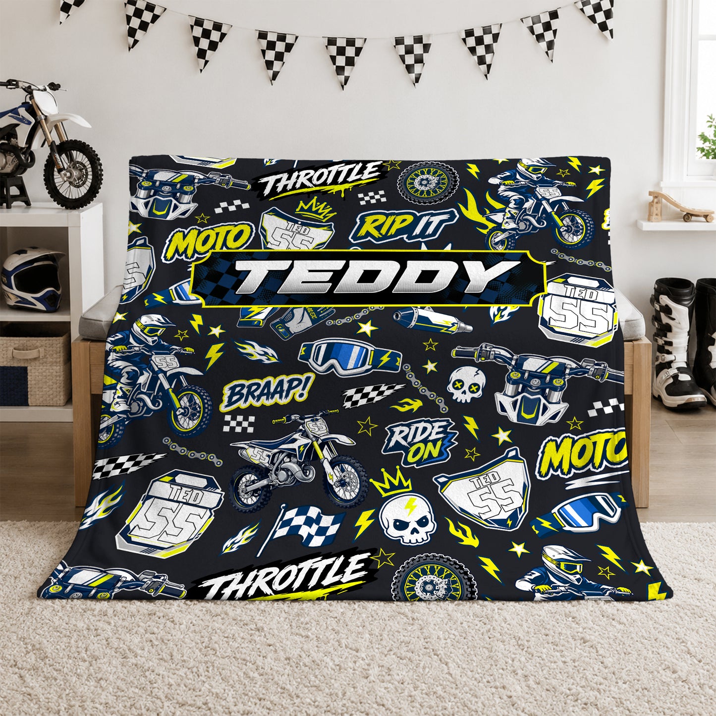 Personalized Graphic Motocross Blanket for Kids, Custom Name & Race Number Dirt Bike Blanket, Motocross Racing Gift for Boys