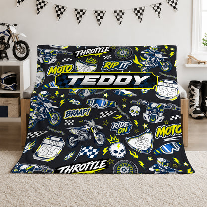 Personalized Graphic Motocross Blanket for Kids, Custom Name & Race Number Dirt Bike Blanket, Motocross Racing Gift for Boys