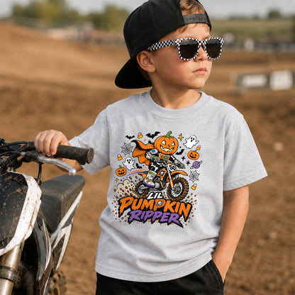 Kids Dirt Bike Lil Pumpkin Ripper Graphic Halloween T-Shirt