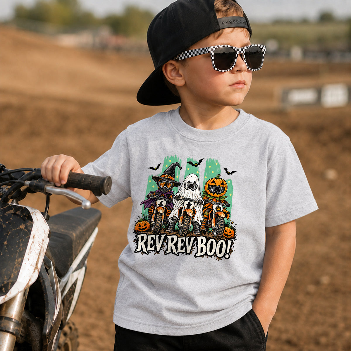 Kids Dirt Bike Rev Rev Boo Graphic Halloween T-Shirt
