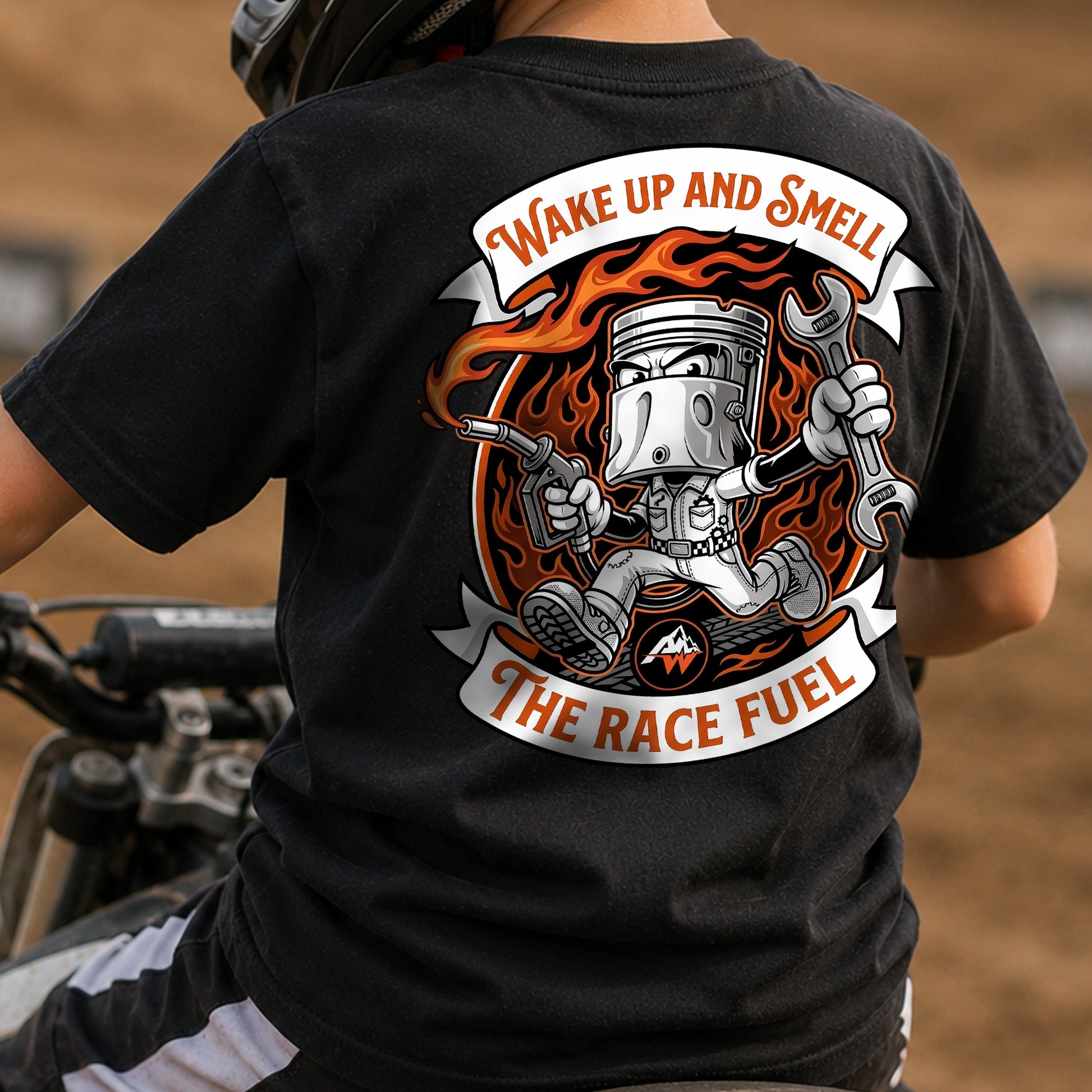 Wake Up, Smell the Race Fuel kids motocross tee styled outfit