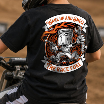 Wake Up, Smell the Race Fuel kids motocross tee styled outfit