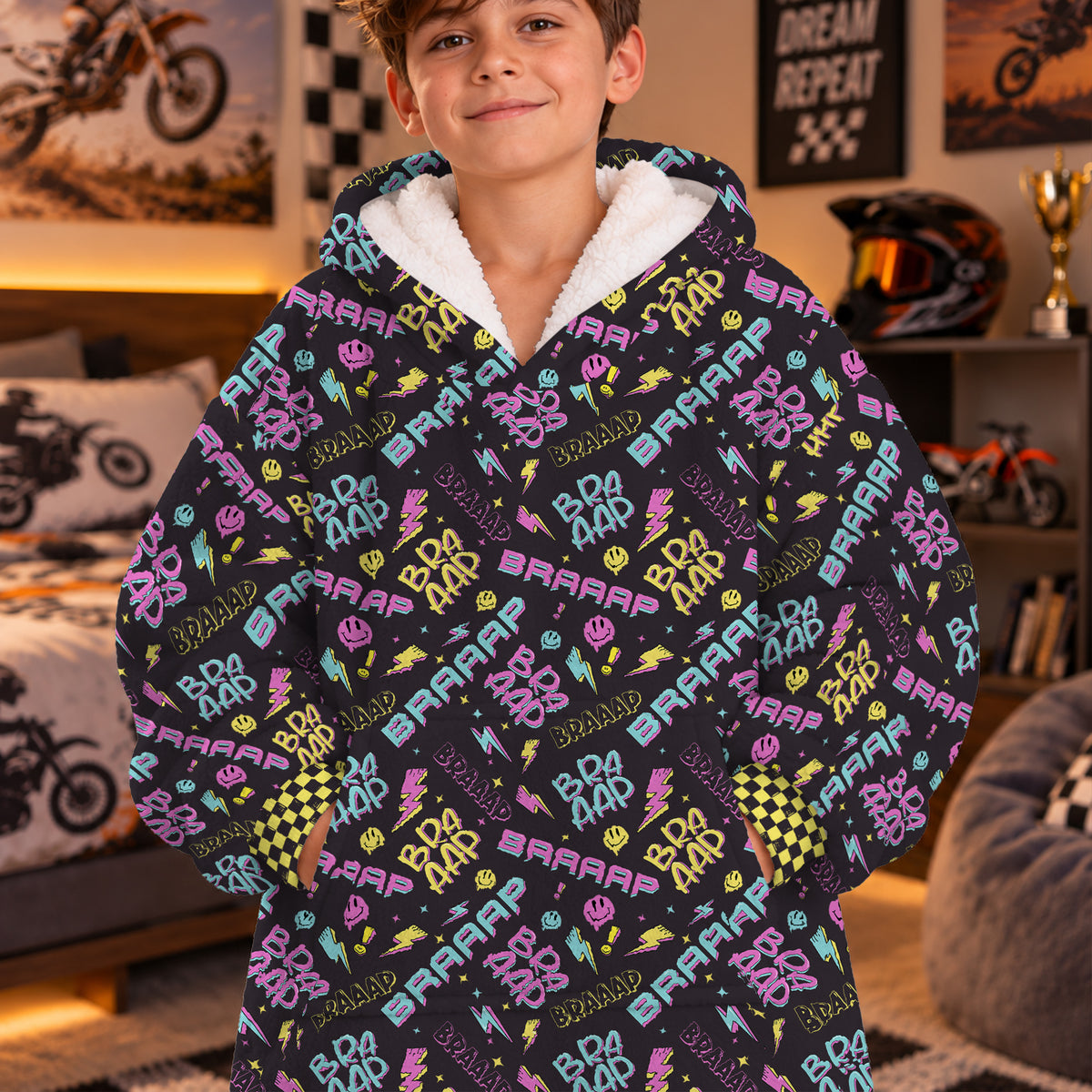 Braaap Neon Graphic Dirt Bike Kids Snug Hoodie-Fleece