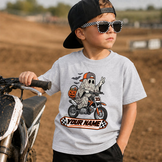 Kids Dirt Bike Camo Ghost Graphic Halloween T-Shirt