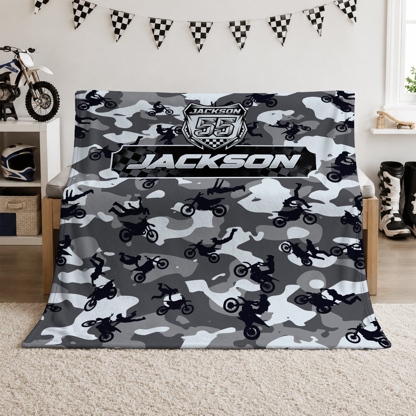 Personalized Camo Graphic Motocross Blanket for Kids, Custom Name & Race Number Dirt Bike Blanket, Motocross Racing Gift for Boys