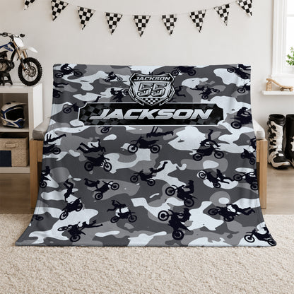 Personalized Camo Graphic Motocross Blanket for Kids, Custom Name & Race Number Dirt Bike Blanket, Motocross Racing Gift for Boys
