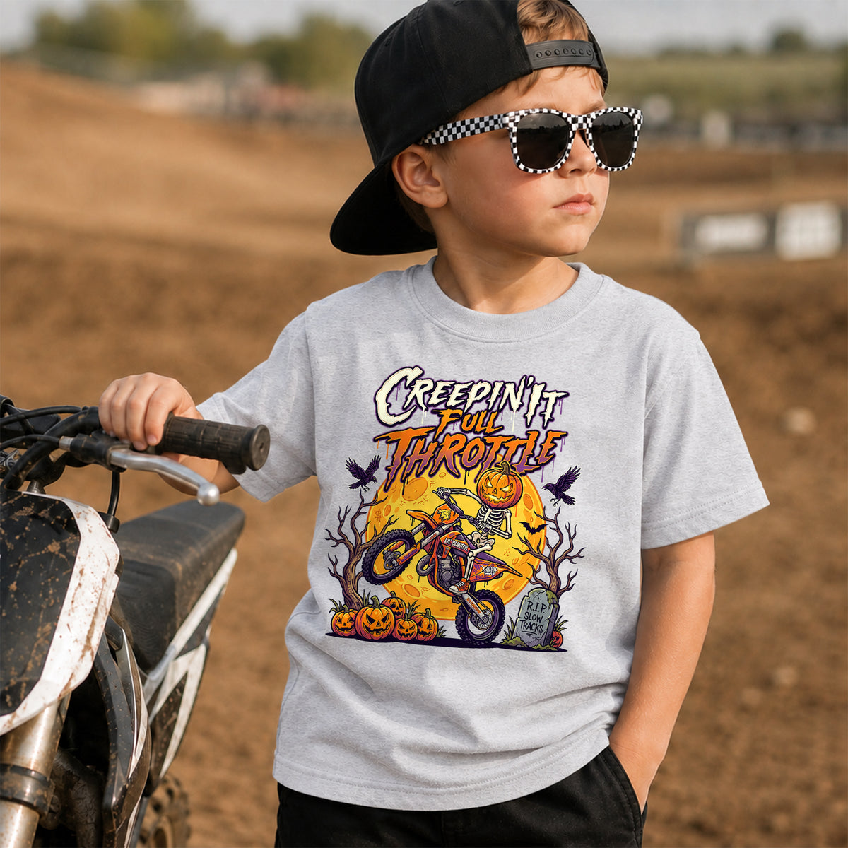 Kids Dirt Bike Creepin It Full Throttle Graphic Halloween T-Shirt
